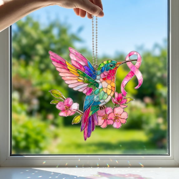 Awareness Ribbon Suncatcher, Stained Glass Flower Hummingbird Pendant, Window Hanging Decorative Ornament, Ornament for Home Window Car Rearview Mirror