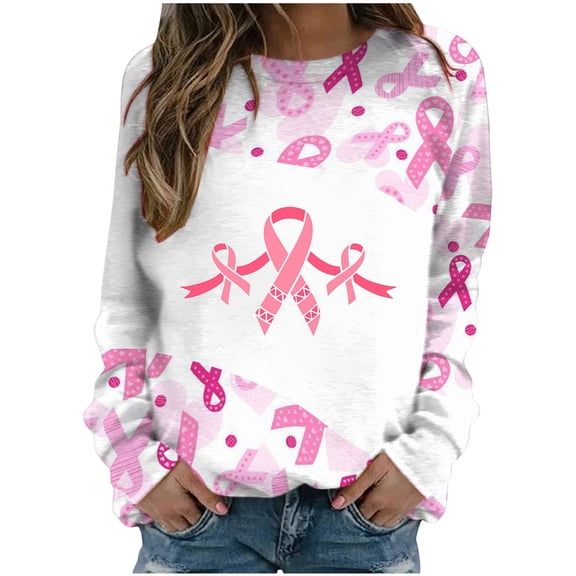 Awareness T-Shirts Womens Crewneck Sweatshirts Long Sleeve Breast Cancer Top Pink Ribbon Loose Pullover Shirt (Small, Pink)