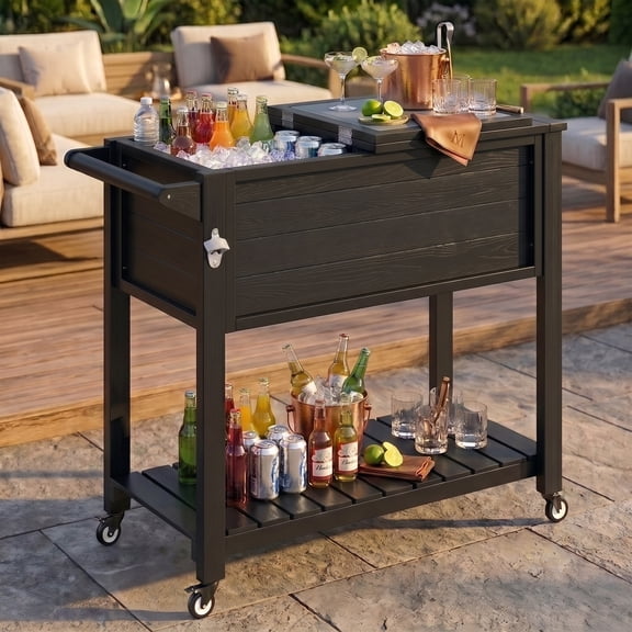 AwayHome 100 Qt HIPS Wood-Grain Rolling Cooler Cart with Folding Lid and Drain Plug