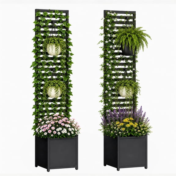 AwayHome 14.2"W x 14.2"D x 72.8"H Black Metal Raised Bed Planter Box with Trellis Privacy Screen,2Pcs