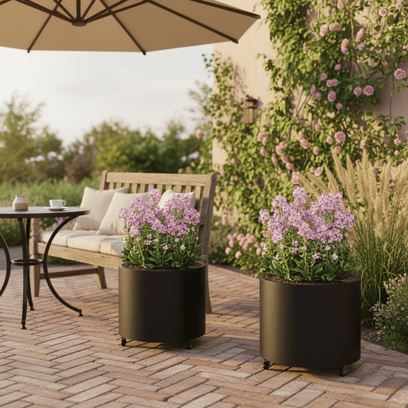 AwayHome 2Pcs Outdoor Round Metal Planters Box with Wheels,22-Inch Tall Heavy Duty Rolling Plant Pots with Drainage,Black