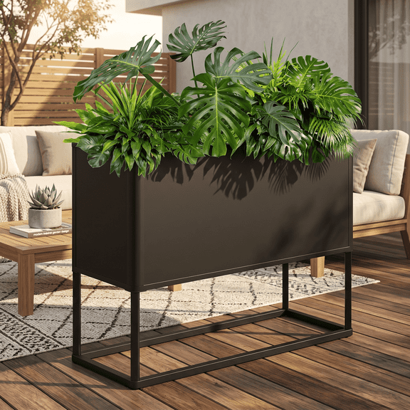 AwayHome 30.5"H x 15"W x 38"L Outdoor Raised Metal Planter Box with Legs,All-Weather Rectangular Outdoor Flower Box,Black