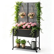 AwayHome 35"W x 15"D x 70"H Black Galvanized Steel Louvered Privacy Planter Box with Trellis with Wheels and Storage Shelf