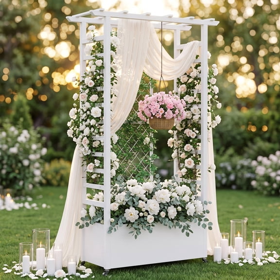 AwayHome 44" x 17" x 74" White Iron Planter Box with Trellis, Wheels, Drainage Holes