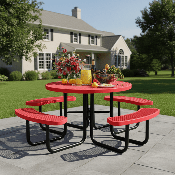 AwayHome 46" Outdoor Expanded Metal Round Picnic Table with 4 Benches & Umbrella Hole,Patio Table Set for 8 Person,Durable and dirt resistant,Red