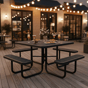 AwayHome 46 Outdoor Expanded Metal Square Picnic Table with 4 Benches & Umbrella Hole,Patio Table Set in All-Weather,Durable and dirt resistant,Black