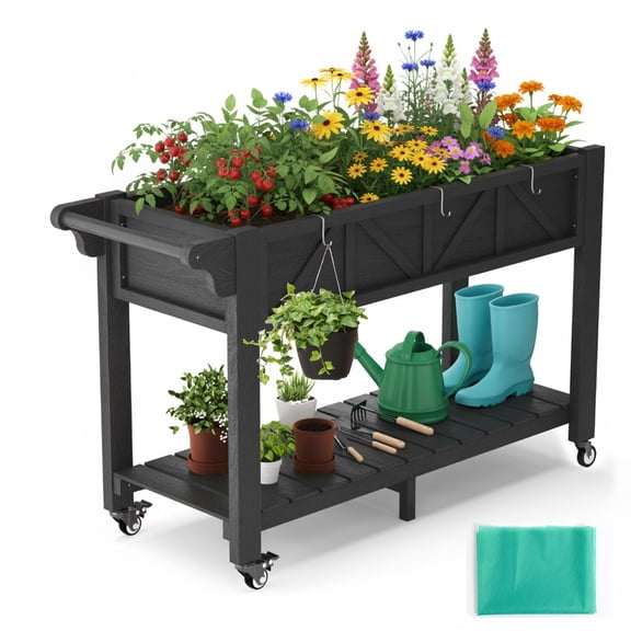 AwayHome 47.2"L x 17.3"W x 27.7"H 2-Tier Black Outdoor Elevated Raised Garden Bed with Wheels&Handle