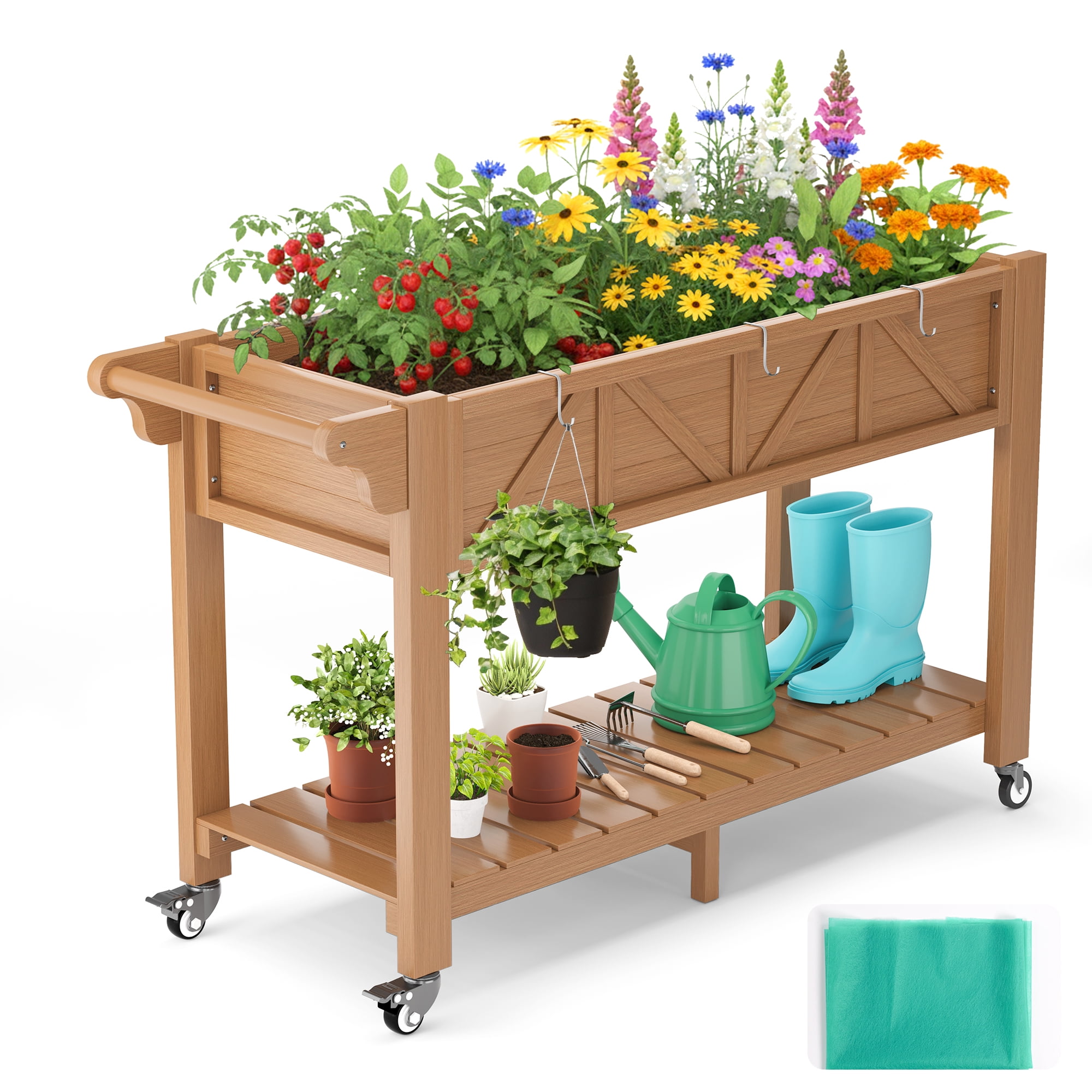 AwayHome 47.2"L x 17.3"W x 27.7"H 2-Tier Teak Outdoor Elevated Raised Garden Bed with Wheels&Handle