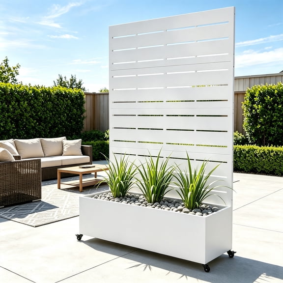 AwayHome 47"W x 16"D x 73"H White Metal Planter Box with Trellis and Wheels