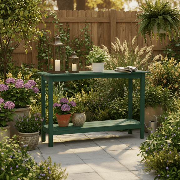 AwayHome 48" HIPS Outdoor Console Table for All-Weather,2-Shelf Side Table for Patio,DarkGreen