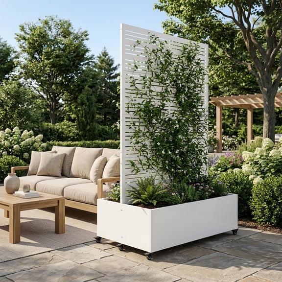 AwayHome 72"Hx47"W White Metal Planter Box with Trellis Louvered Dual-Box Privacy