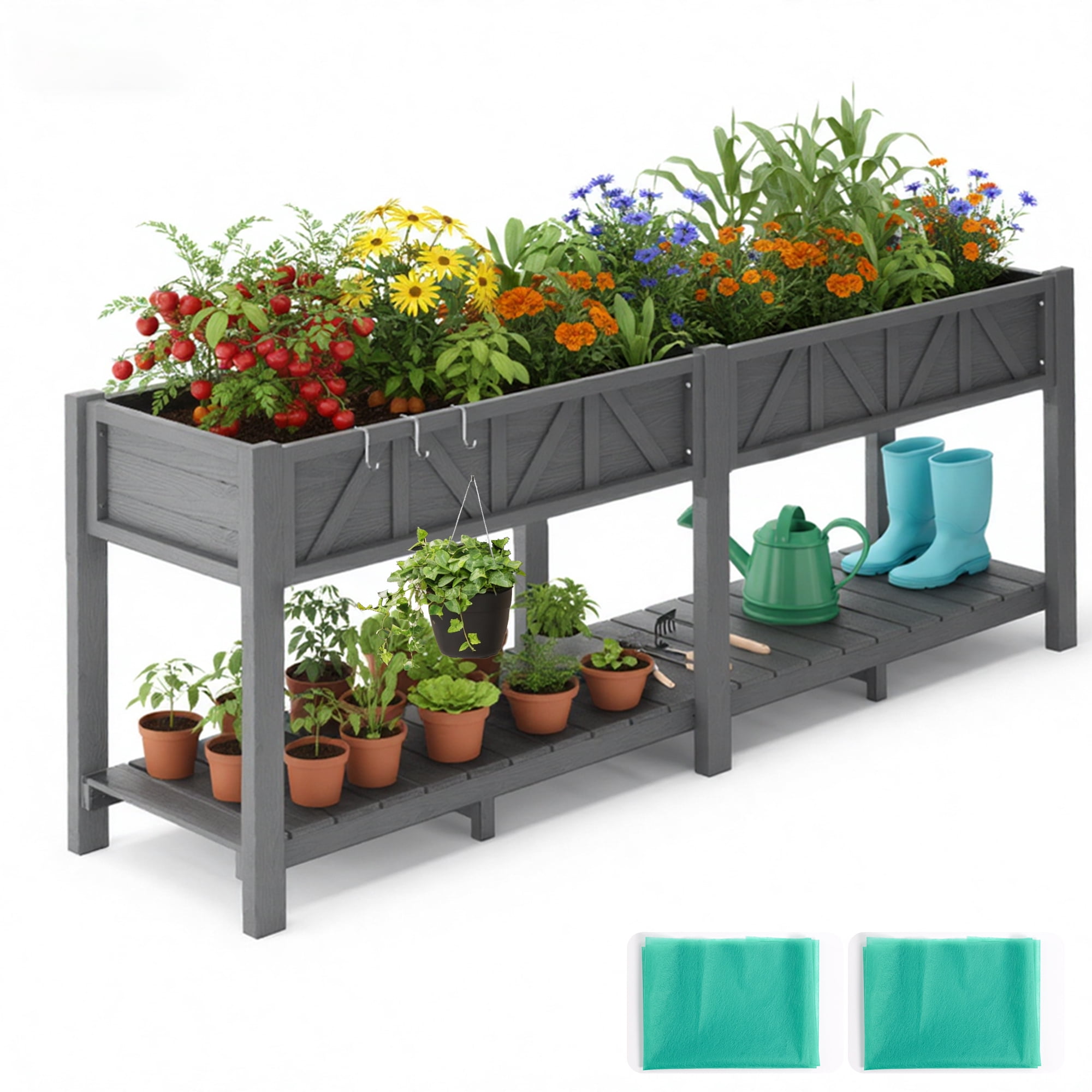 AwayHome 72"L x 17.3"W x 28.7"H 2-Tier Gray Outdoor Elevated Raised Garden Bed with Legs&Handle