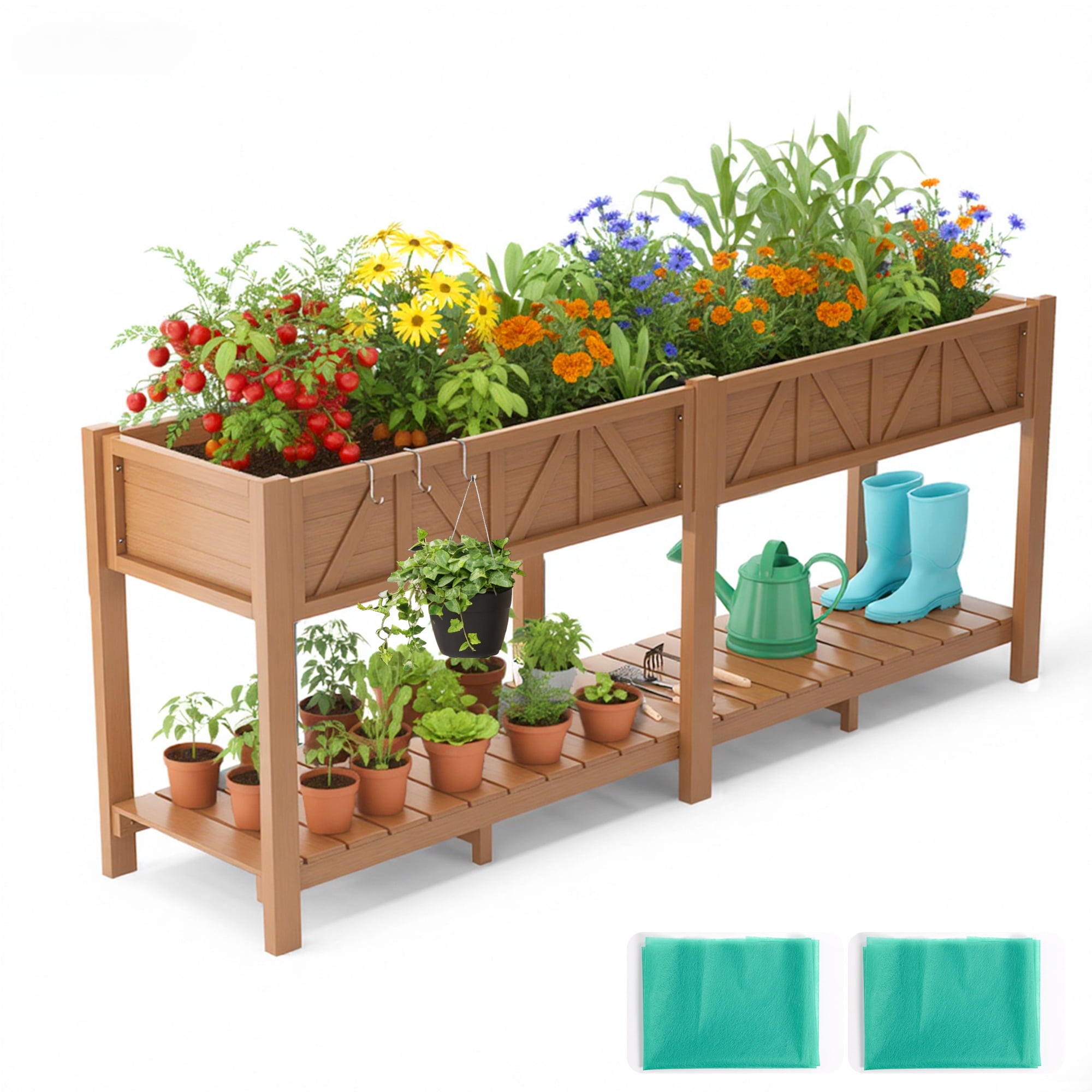AwayHome 72"L x 17.3"W x 28.7"H 2-Tier Teak Outdoor Elevated Raised Garden Bed with Legs&Handle