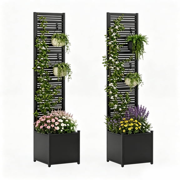 AwayHome 73"H x 14"W x 14"D Black Metal Planter Boxes with Trellis, Drainage Holes, Privacy Screen, 2 Count