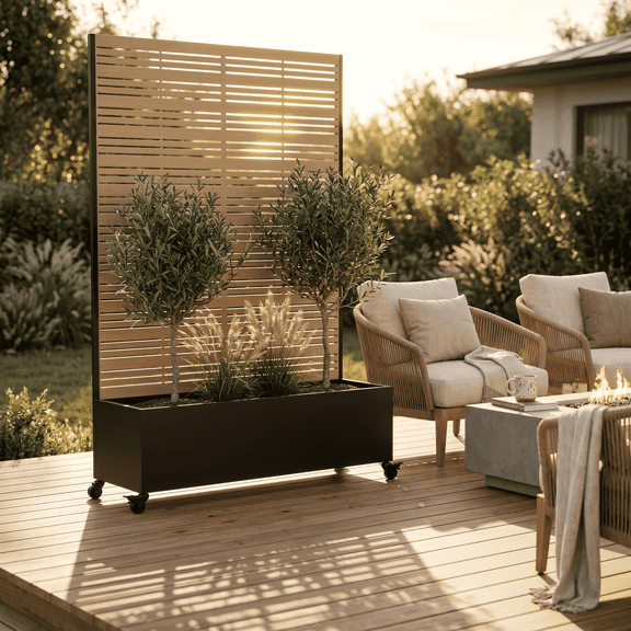 AwayHome 73"H x 16"D x 47"W Matte Khaki Metal Planter Box with Louvered Privacy Screen on Wheels