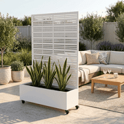 AwayHome 73H x 16D x 47W Matte White Metal Planter Box with Louvered Privacy Screen on Wheels