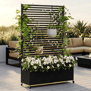 AwayHome 73"H x 47"W x 16"D Black Galvanized Metal Slatted Outdoor Privacy Planter Box with Trellis and Wheels