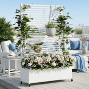 AwayHome 73"H x 47"W x 16"D White Galvanized Metal Slatted Outdoor Privacy Planter Box with Trellis and Wheels