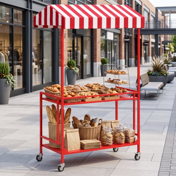 AwayHome Foldable Vendor Cart with Striped Canopy, 2-Tier, 300 lb Load,Red
