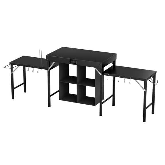 AwayHome Folding Tri-Fold Outdoor BBQ Prep Station with 9 S Hooks, Black