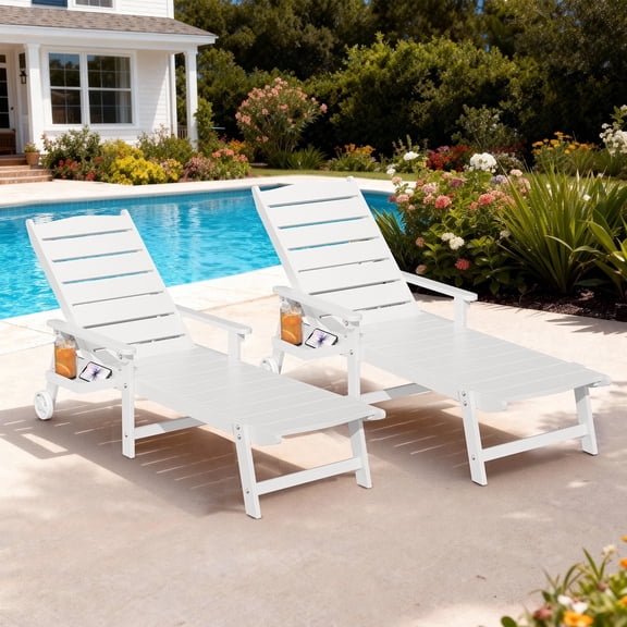 AwayHome HIPS Outdoor Chaise Lounge with Rolling and Adjustable Backrest,White(2Pcs)