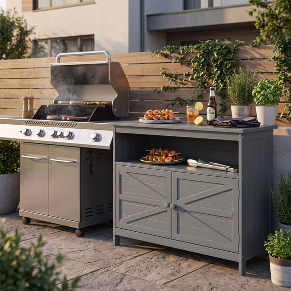 AwayHome Outdoor Storage Cabinet, All-Weather HIPS Patio Sideboard Buffet with 3 Shelves and Magnetic Doors,Gray