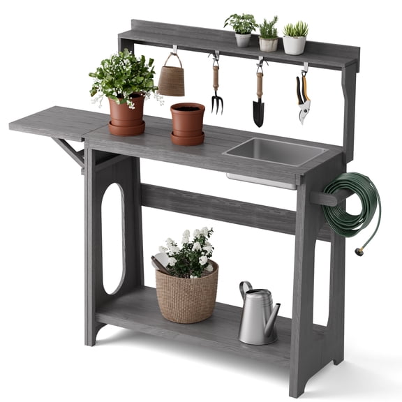 AwayHome HIPS Potting Bench with Foldable Extension&Removable Sink,All-Weather Garden Potting Table with Storage Shelves&Tool Hooks,Gray