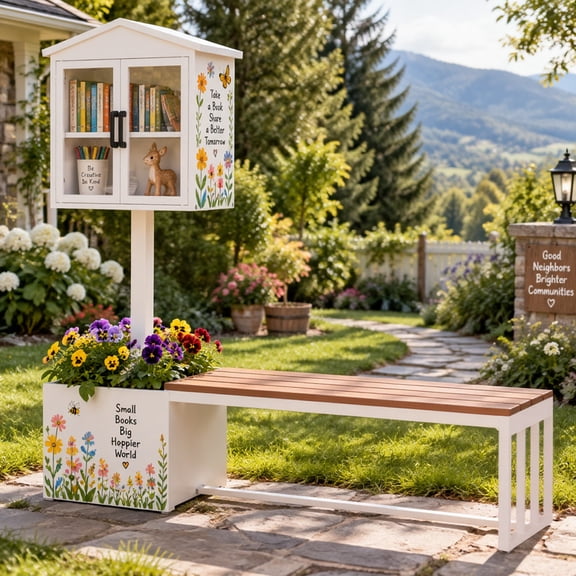 AwayHome Little Library Box Outdoor with Bench and Planter, Weatherproof Composite
