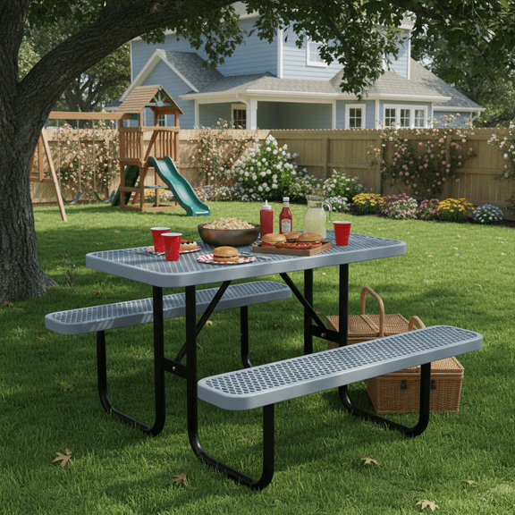AwayHome Commercial Outdoor Rectangular Picnic Table Set with 2 Benches, Gray
