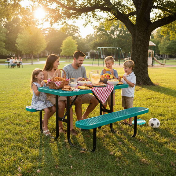 AwayHome Outdoor 4FT Rectangular PIcnic Table Set with 2 Benches and Umbrella Hole,All-Weather Picnic Table for Commercial,Green