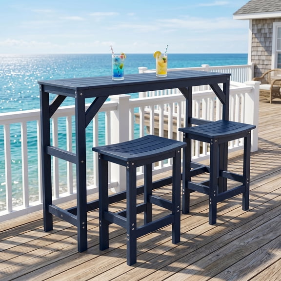 AwayHome Outdoor HIPS Patio Bar Set 3-Piece, 55" Table with 2 Stools, All Weather Balcony Poolside Furniture, Darkblue