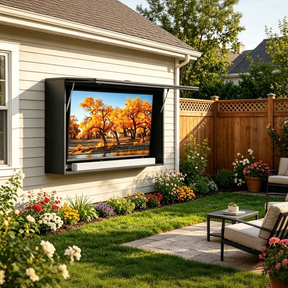 AwayHome Weather-Resistant Metal Outdoor TV Enclosure for 50-55 inch TVs with Dual-Arm Adjustable Wall Mount, Lockable Cabinet Design, Black