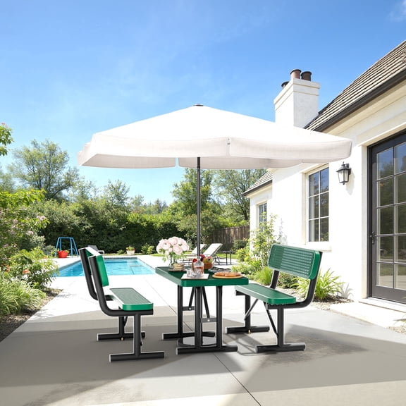 Awayhome 3-Piece 4ft Metal Outdoor Patio Picnic Table Set with 2 Backrests Benches&Umbrella Hole,Green