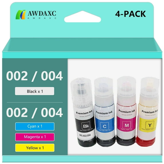 Awdaxc Compatible Ink Cartridges For Epson 002/004,Suitable For Epson L3251 L3253 L3119 L3108 L3156 Printers, 1-Black 3-Color,（Black x 4500 Pages，Color x 7500 Pages）