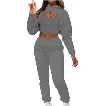 Awdenio 3 Piece Fall Outfits For Women 2023 Women's Solid Color Sling Vest Sweatshirt High Waist Pack Hip Straight With Pocket Pants Three-piece Suit