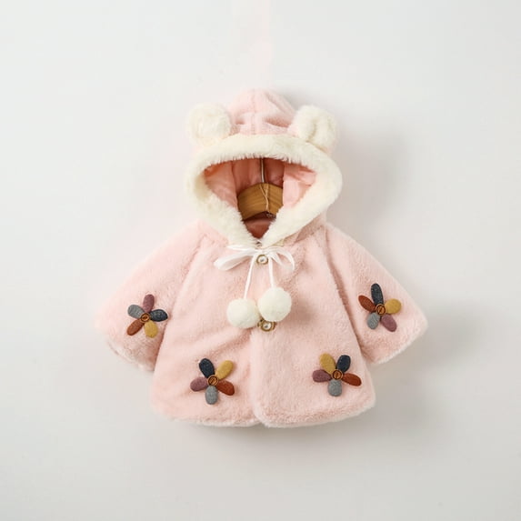 Awdenio Baby Girls' Outerwear Jackets, Toddler Girls Solid Color Plush Cute Flowers Rabbit Ears Winter Hoodie Thick Coat Cloak