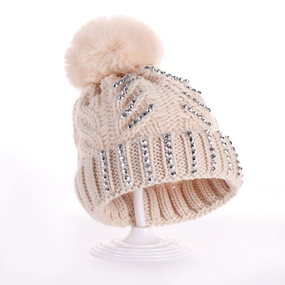 Awdenio Beanies Hats Mom And Baby Rhinestone Knitting Wool Hemming Hat Keep Warm Winter Ball Hat Cap