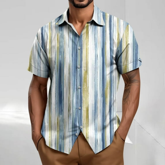 Awdenio Big and Tall Shirts for Men Summer Striped Shirts Casual Cuban Shirt Texture Button Down Shirts for Beach Vacation