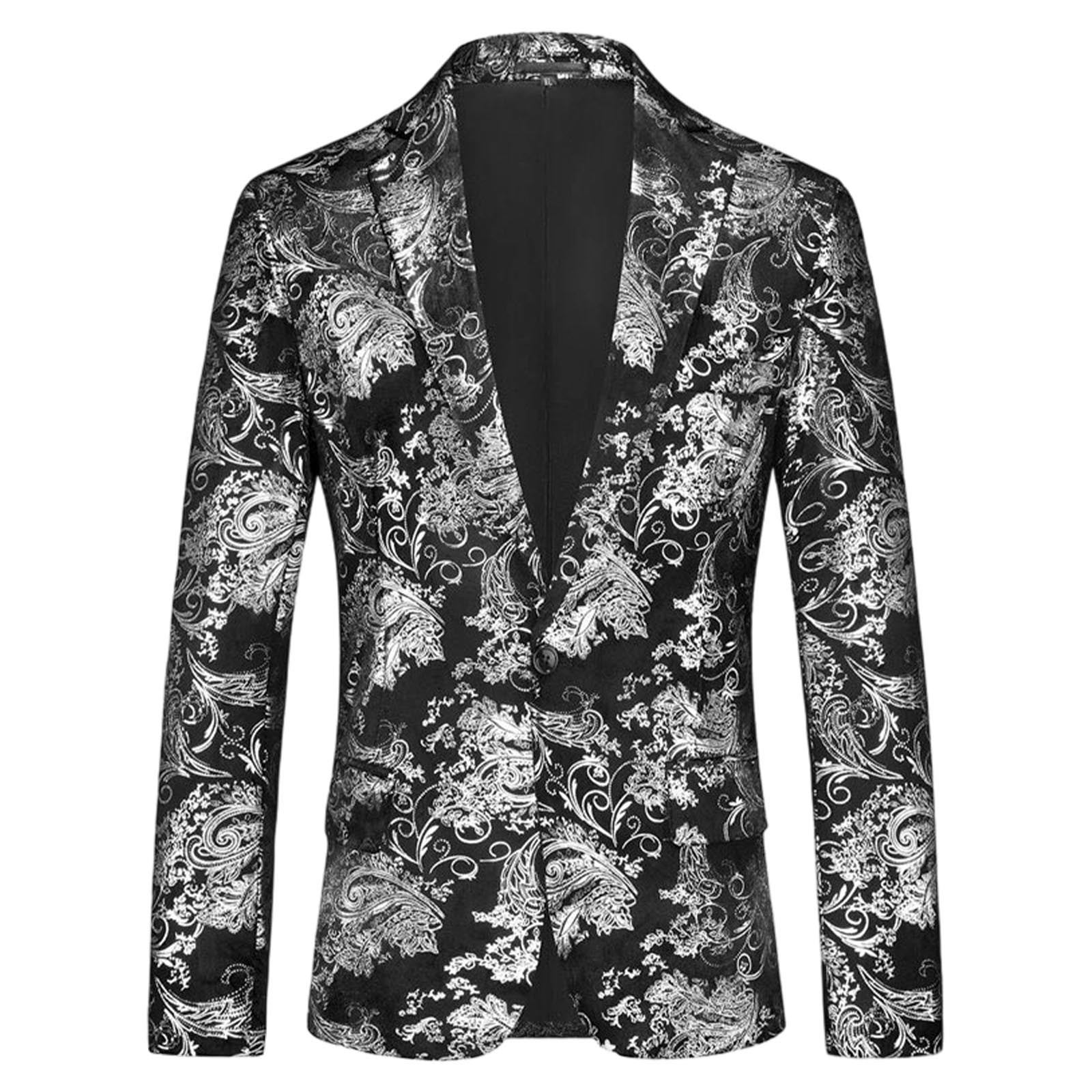 Awdenio Blazer for Men Velvet Floral Tuxedo Peak Lapel One Button