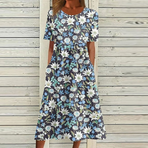 Awdenio Boho Dresses for Women Trendy Floral Short Sleeve Midi Dress Ruffle Hem Casual Work Dress Church Wedding