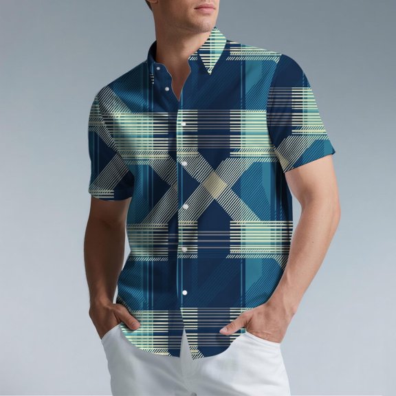 Awdenio Button Down Shirt Men Casual Plaid Turndown Collar Poket Casual Short Sleeve Buttons Shirt Stretchy, Comfortable Fit for Summer