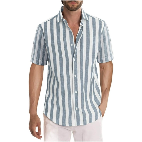 Awdenio Button Down Shirt Men Casual Stylish Short Sleeve Button-Up Striped Dress Shirts Cotton Beach Shirt