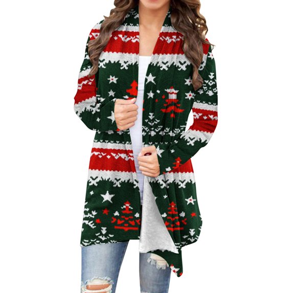 Awdenio Cardigan Sweaters for Women Xmas Tree Red Plaid Knitting Open Front Cardigans Holiday Long Sleeve Top