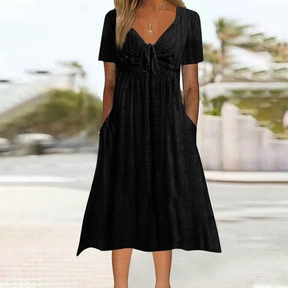 Awdenio Casual Dresses for Women Button V Neck Summer Maxi Dress Tie Short Sleeve Eyelet Dresses Solid Loose Beach Dress with Pockets