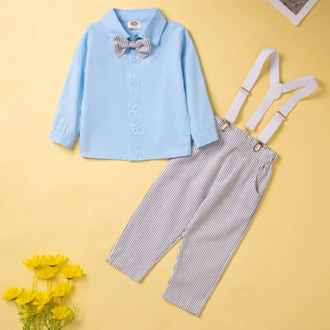 Awdenio Children's Set Comfortable Children's Fashion Color Contrast Set Shirt Tie Strap Pants 3-Piece Set Long Sleeve Round Neck Top/Shirt Set