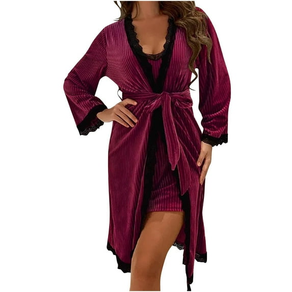 Awdenio Christmas Women's Lace Velvet Robe V Neck Nightgown Short Bathrobe Sleepwear for Bridal Wedding