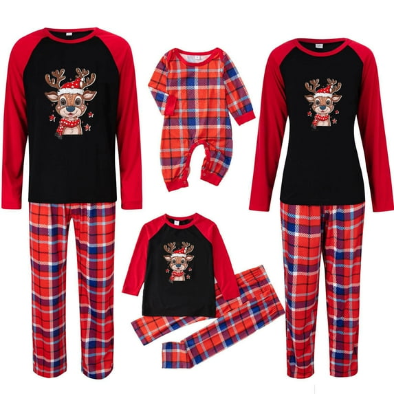 Awdenio Christmas Pajamas for Family Matching Sets Long Sleeve Printed Top and Plaid Bottom Holiday Family Comfy PJs Sleepwear Sets Valentine's Day Christmas