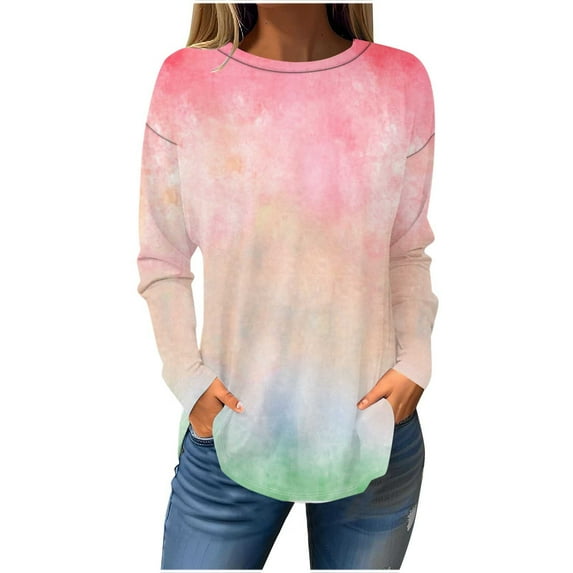 KIHOUT Tops, Women Tunic Tops for Leggings Tie Dye Print Shirt Casual Long Sleeve Round Neck Loose Tunics Blouse