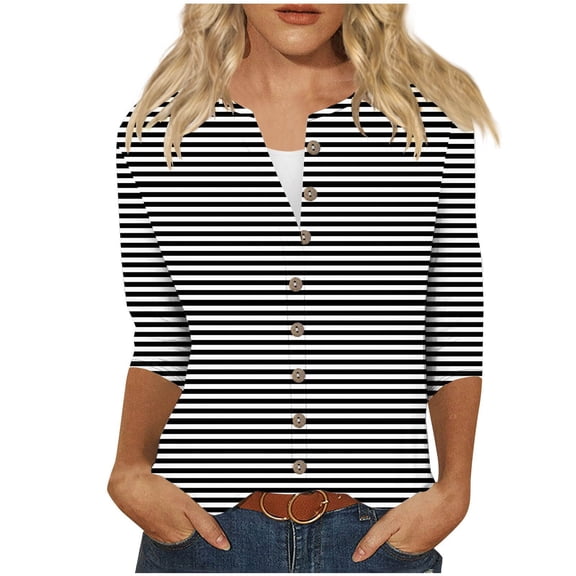 KIHOUT Tops, Women's 3/4 Sleeves Shirts Fashion Buttons Up Striped Graphic Printed Loose T-shirt Round Neck Blouse Tops
