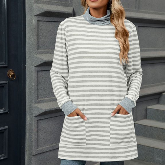 KIHOUT Tops, Womens Striped Long Sleeve Shirt High Neck Tops Casual Loose Fit T-shirt Pullover Sweatshrits Blouse with Pockets